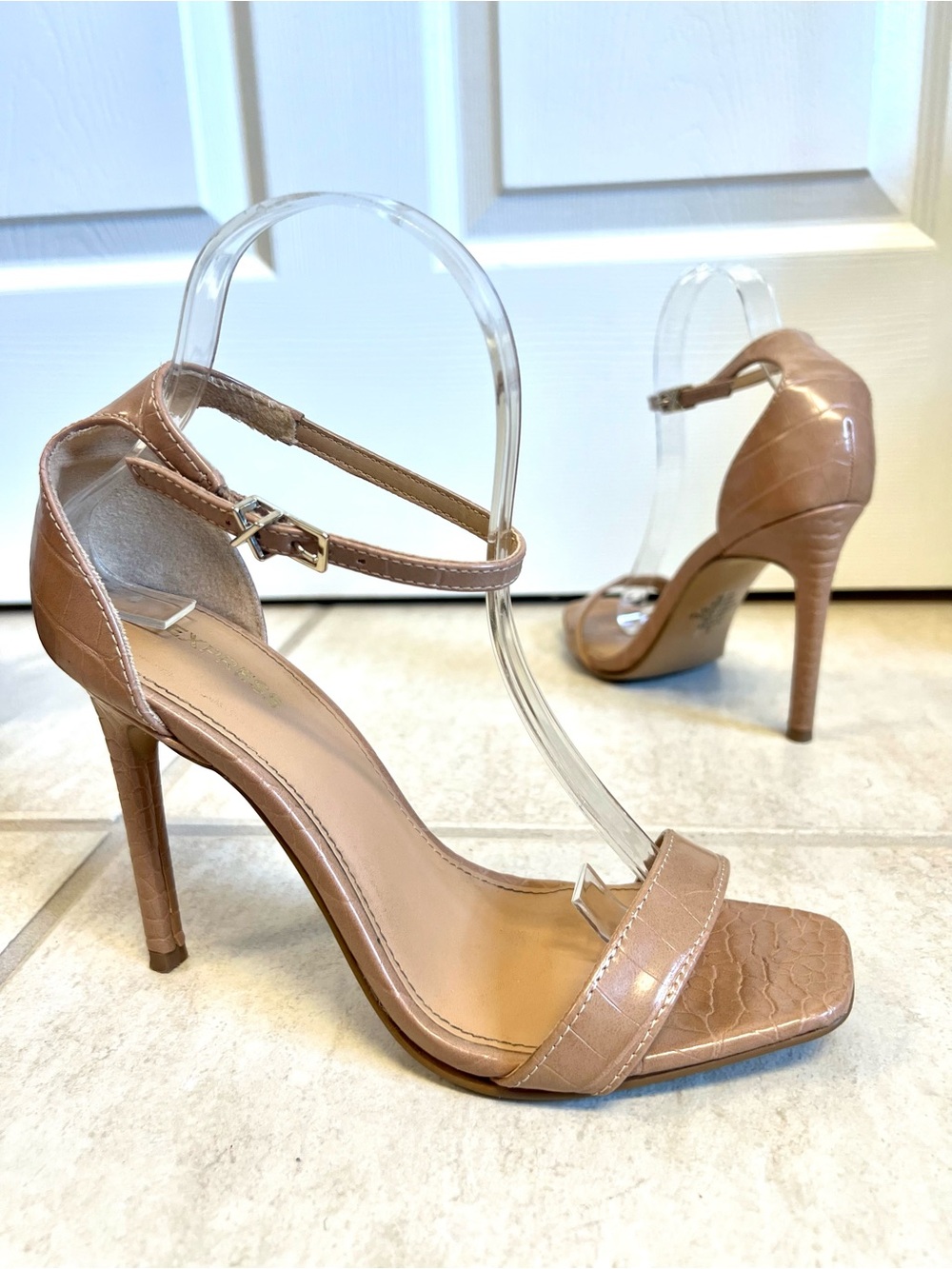Express Blush Nude Croc-Texture Ankle-Strap Stiletto Heels
